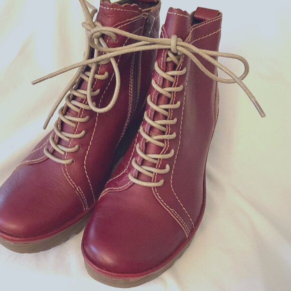 Fly London Shoes - FLY LONDON 'Yole' Burgundy Leather Lace Up Wedge Ankle Boots Women's size 9.5
